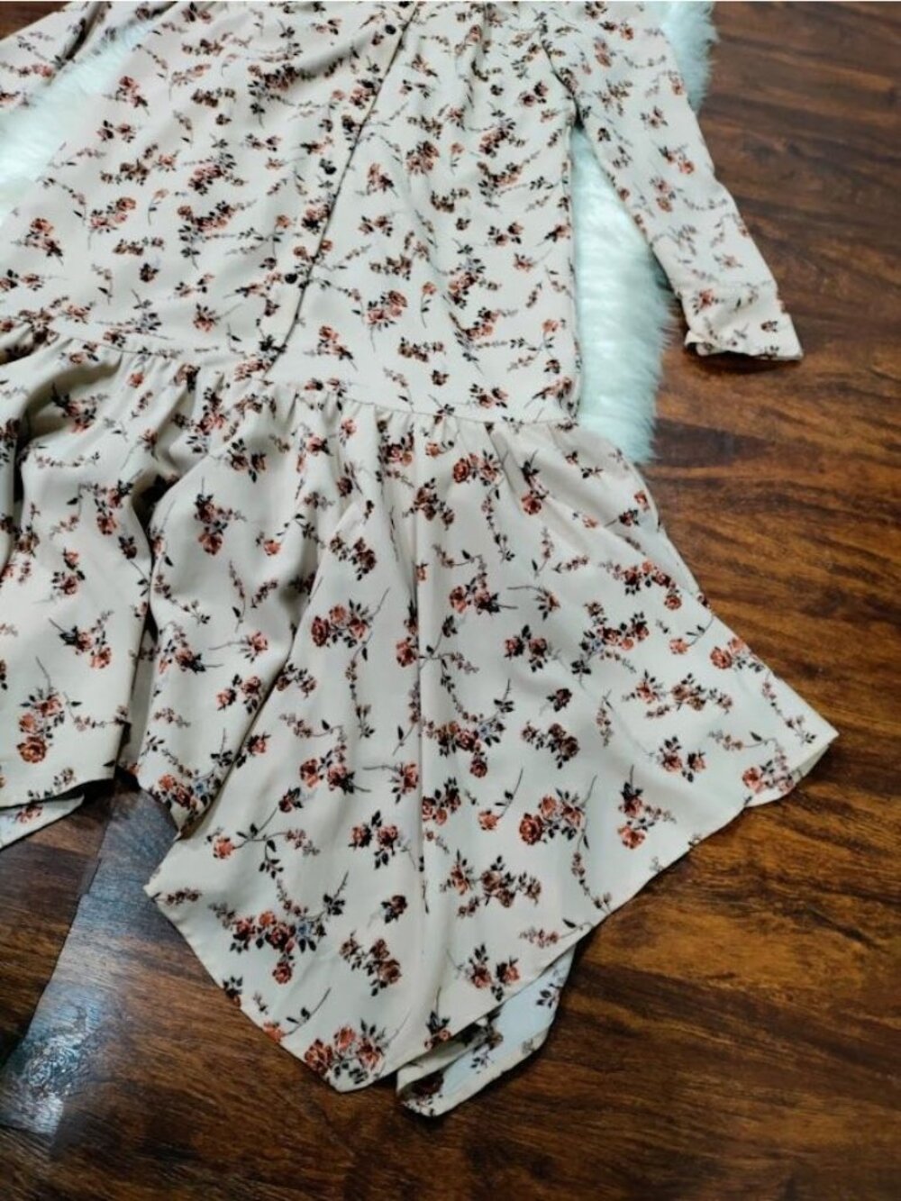 Begonia Puff Long Sleeve High Neck Floral Print Hi-Low Dress Beige Womens Small - Picture 7 of 16